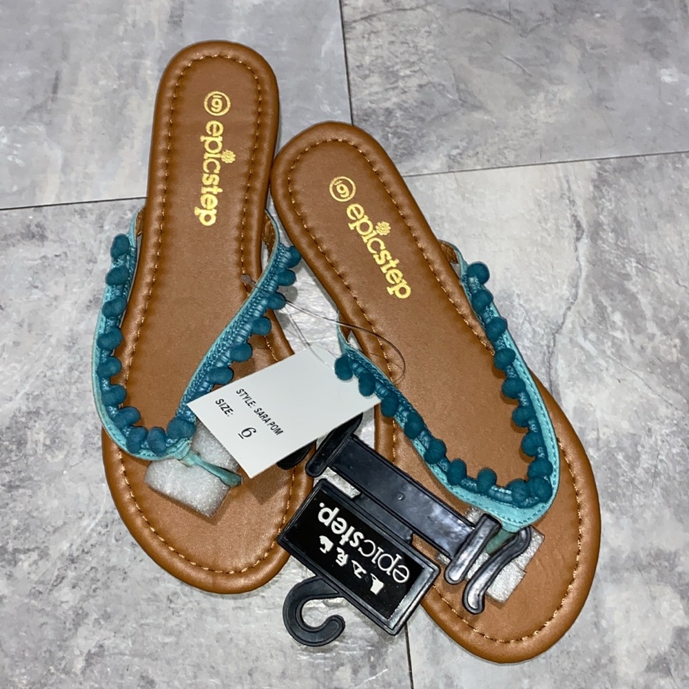 Brand new size 6 women teal pompom slippers sandals summer shoe blue